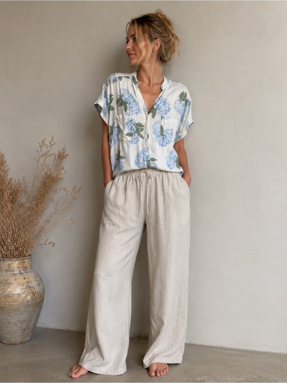 Piyama Hydrangea Floral Rayon Button Front Blouse Top Women’s Size S Relaxed Fit